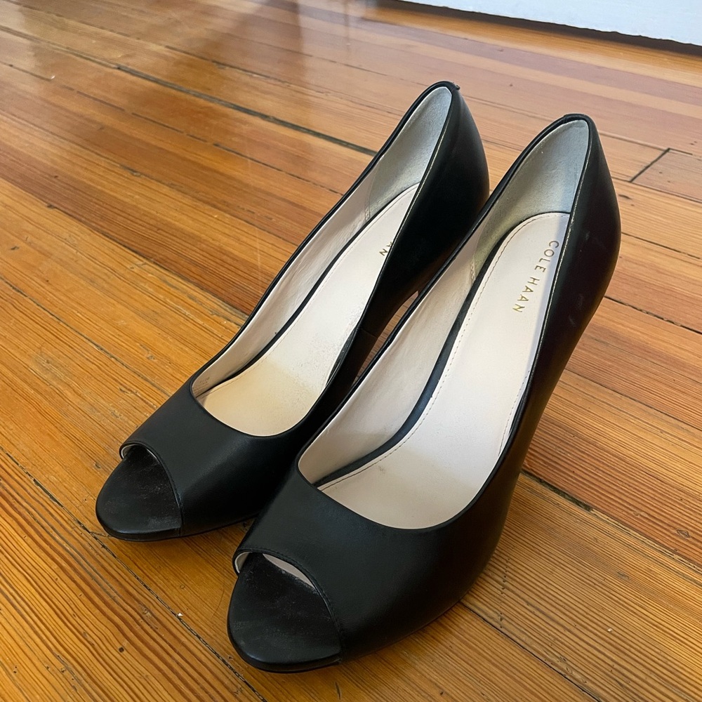 Cole Haan Black Leather Peep Toe Heels